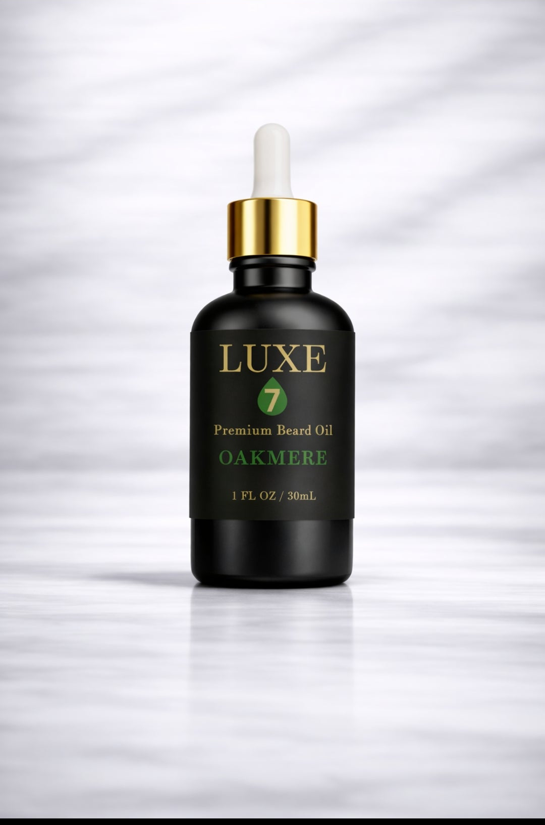 Luxe 7 Oakmere Premium Beard Oil in a 1 fl oz (30 mL) black glass bottle with a gold-and-white dropper on a light marble background.
