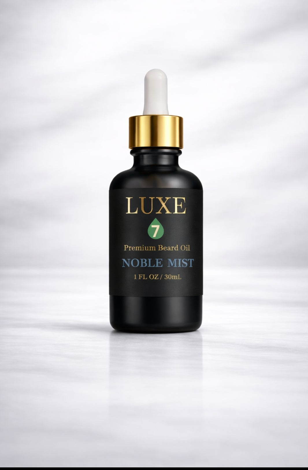 Luxe 7 Noble Mist Premium Beard Oil in a 1 fl oz (30 mL) black glass bottle with a gold-and-white dropper on a light marble background.