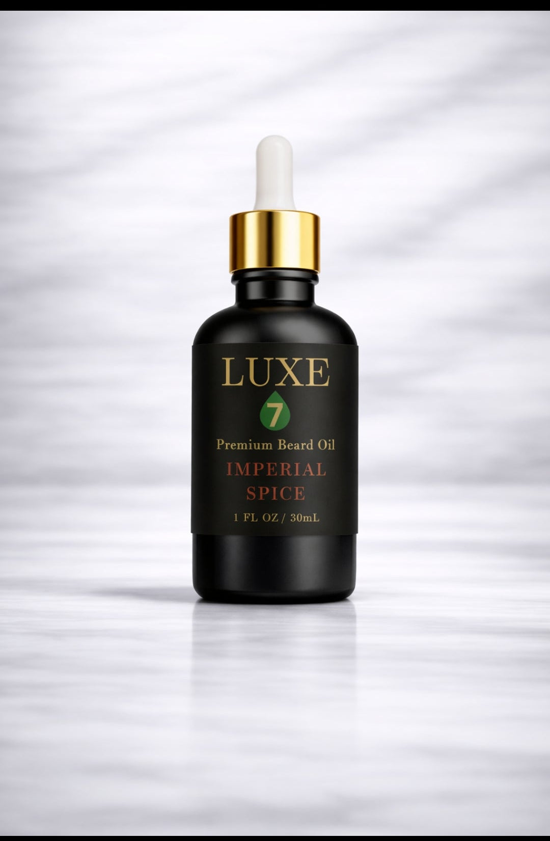 Luxe 7 Imperial Spice Premium Beard Oil in a 1 fl oz (30 mL) black glass bottle with a gold-and-white dropper on a light marble background.