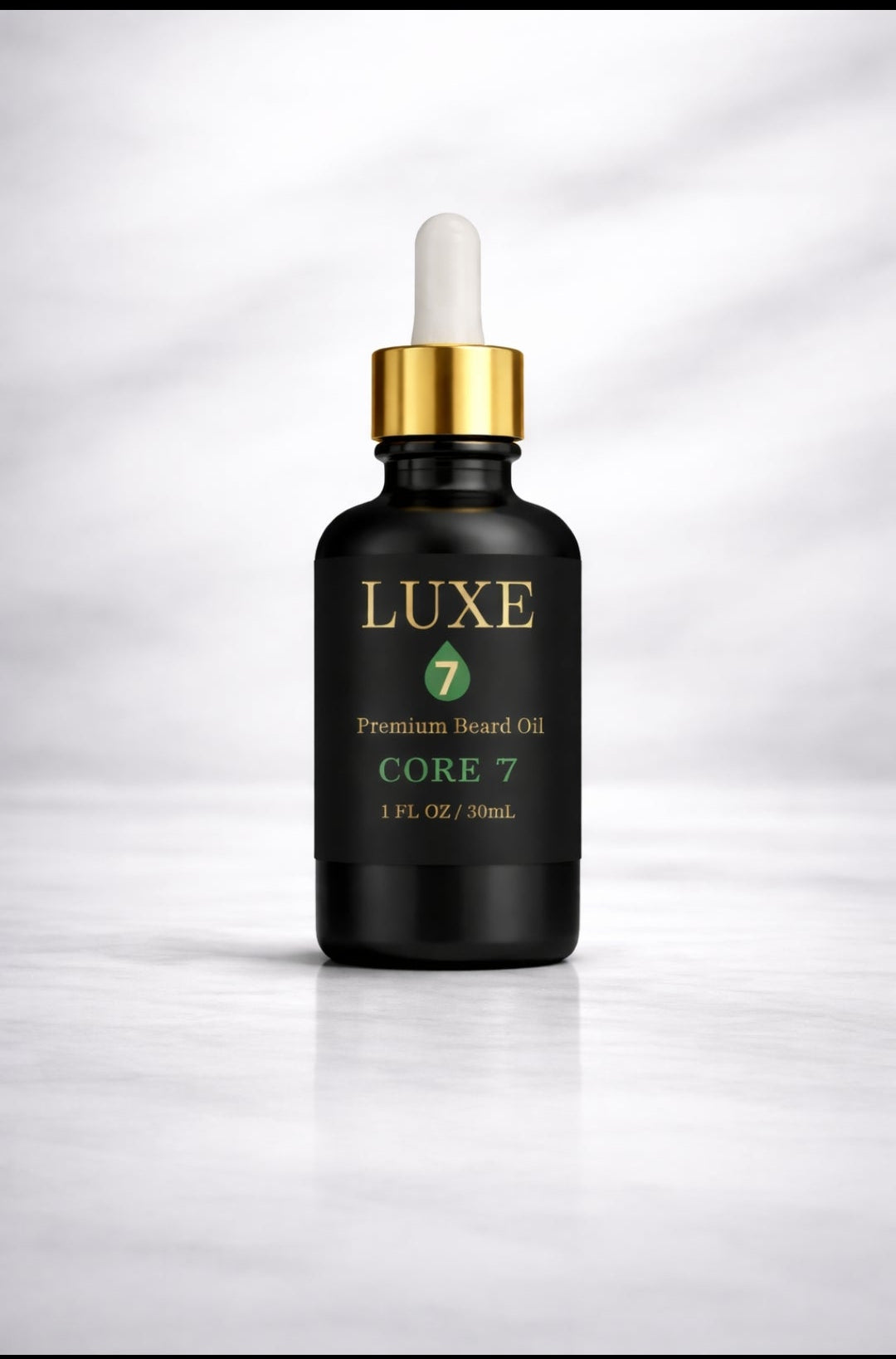 Luxe 7 Core 7 Premium Beard Oil in a 1 fl oz (30 mL) black glass bottle with a gold-and-white dropper on a light marble background.