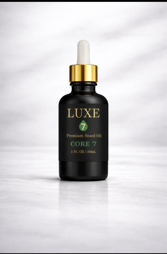 Luxe 7 Core 7 Premium Beard Oil in a 1 fl oz (30 mL) black glass bottle with a gold-and-white dropper on a light marble background.