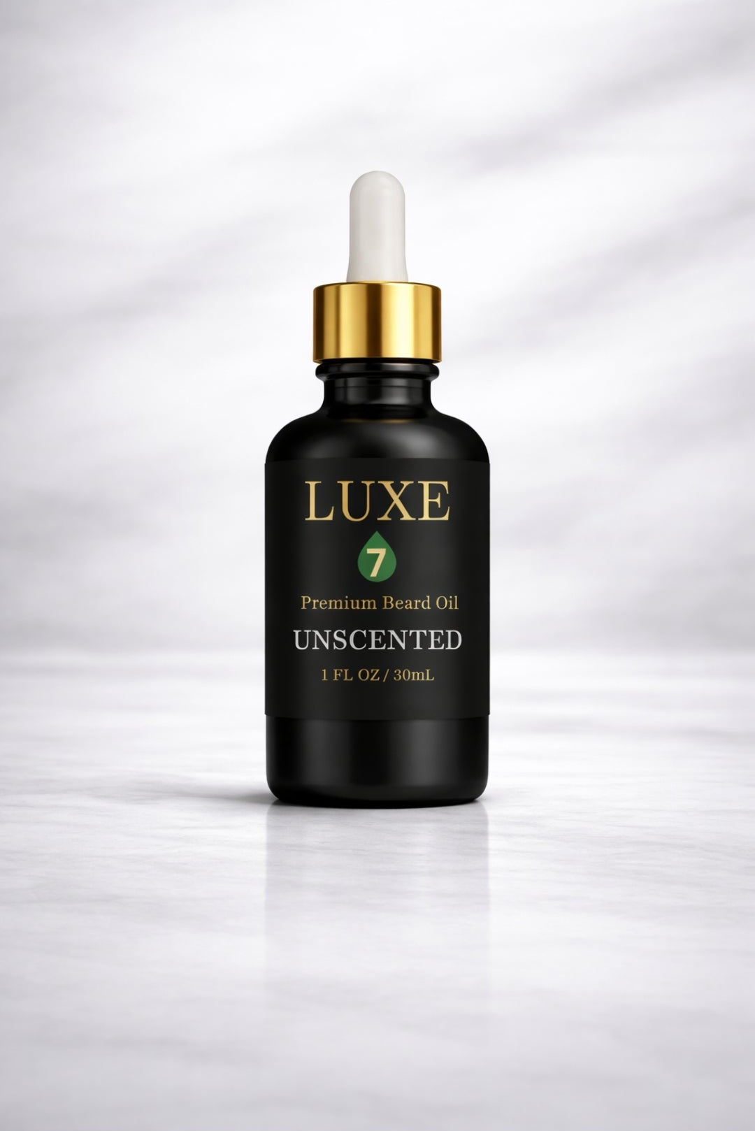 Luxe 7 Unscented Premium Beard Oil in a 1 fl oz (30 mL) black glass bottle with a gold-and-white dropper on a light marble background.